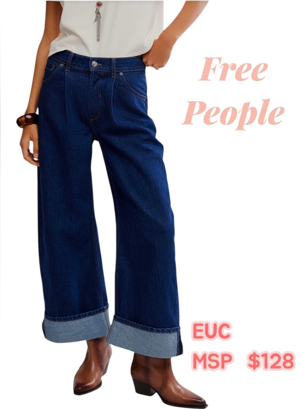 Free People Alia Cuffed High Waist Wide Leg Jeans - Hawthorne (Blue)